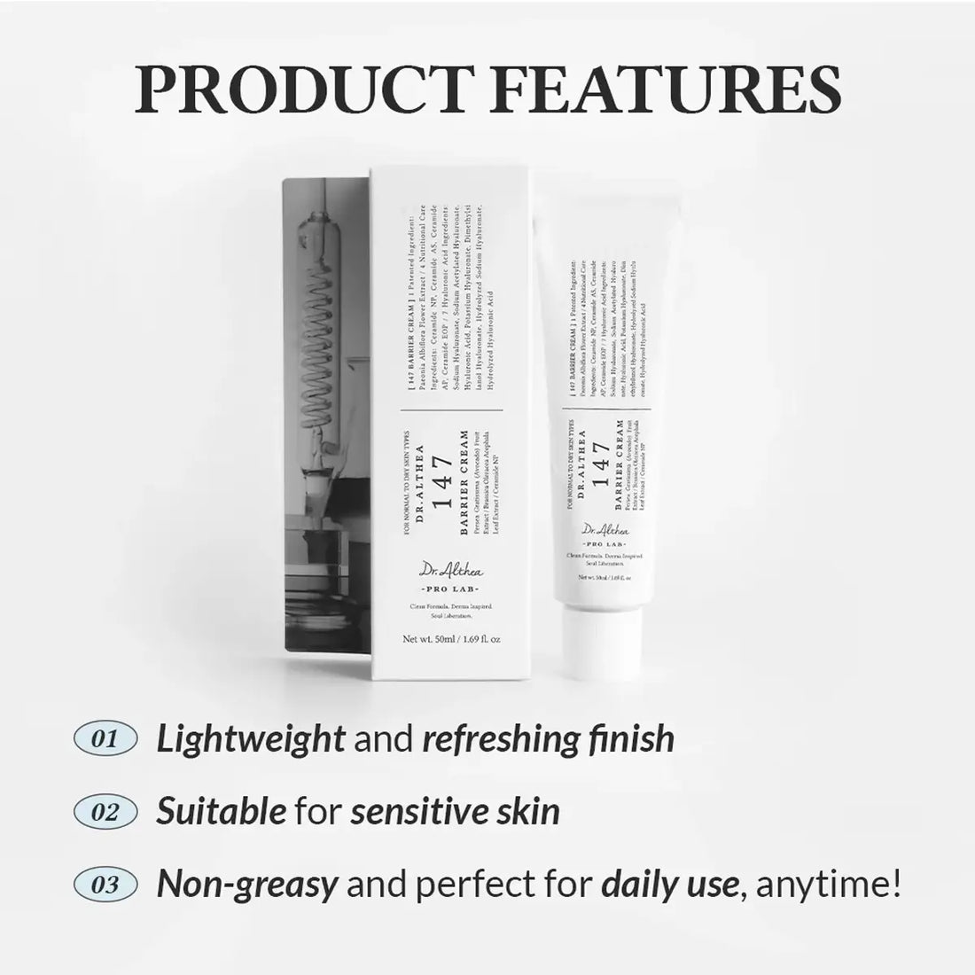 Product features of a 147 Barrier Cream with text on a white background