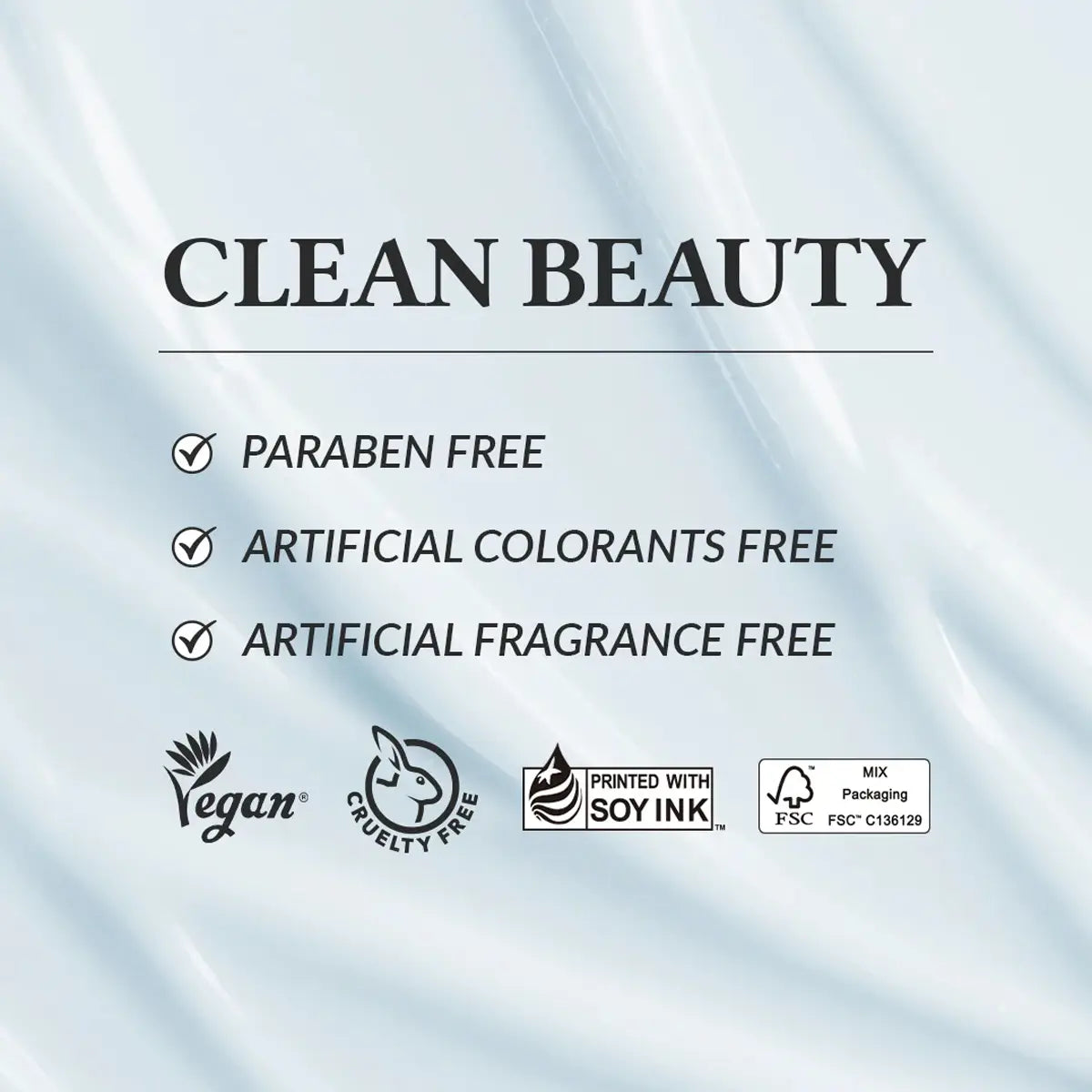 Clean beauty product label with certifications on a light blue background