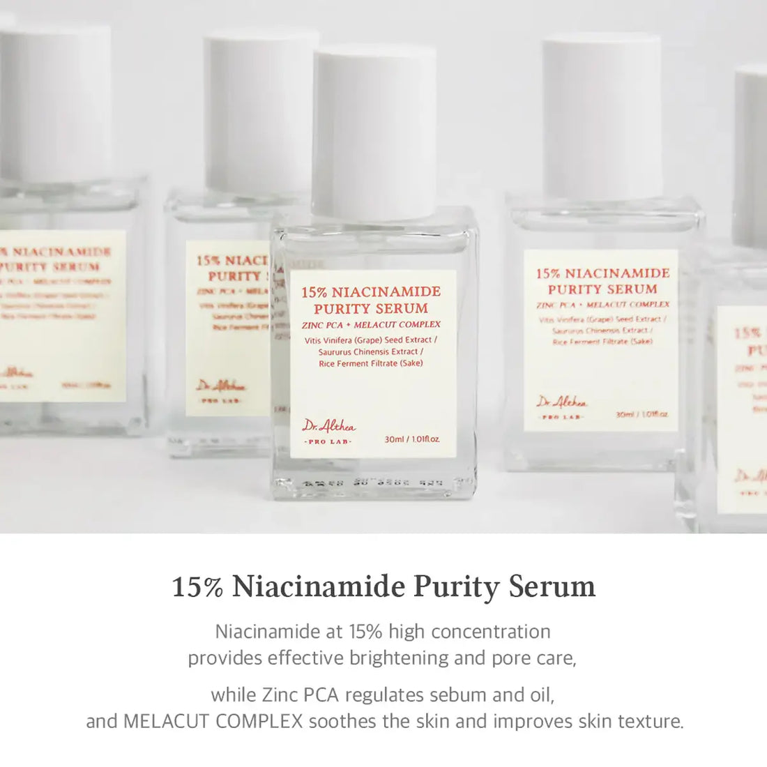 Multiple bottles of 15% Niacinamide Purity Serum on a white background