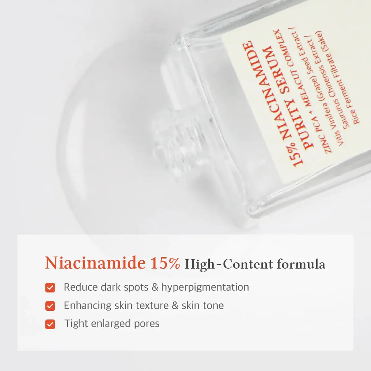 Niacinamide 15% serum bottle with text on a white background