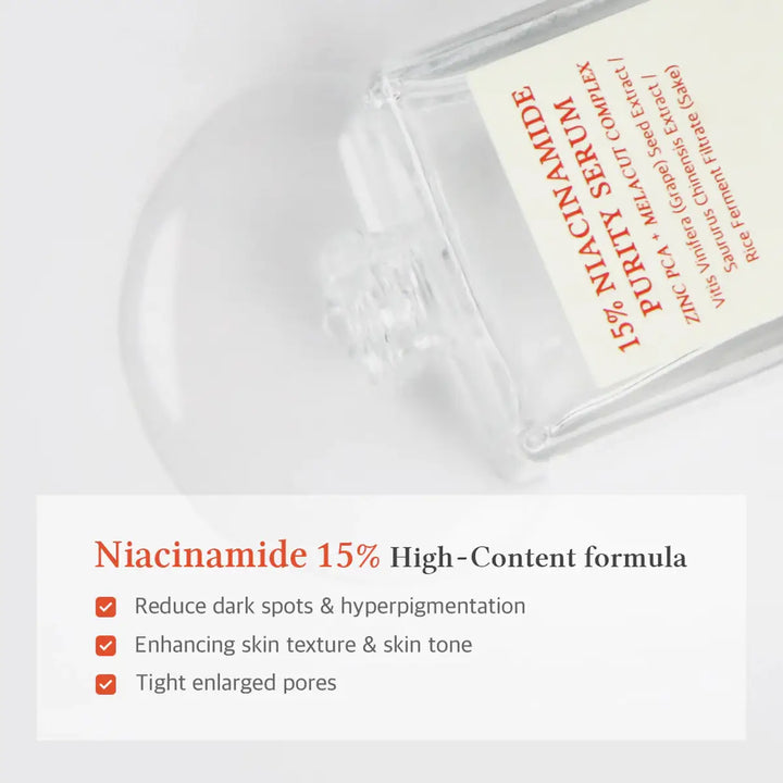 Niacinamide 15% serum bottle with text on a white background