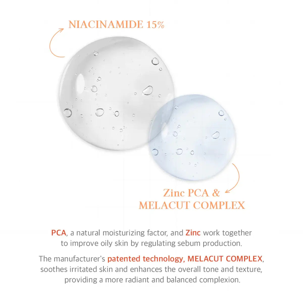 Two round skincare products with text about niacinamide, PCA, and Melacut Complex on a white background.