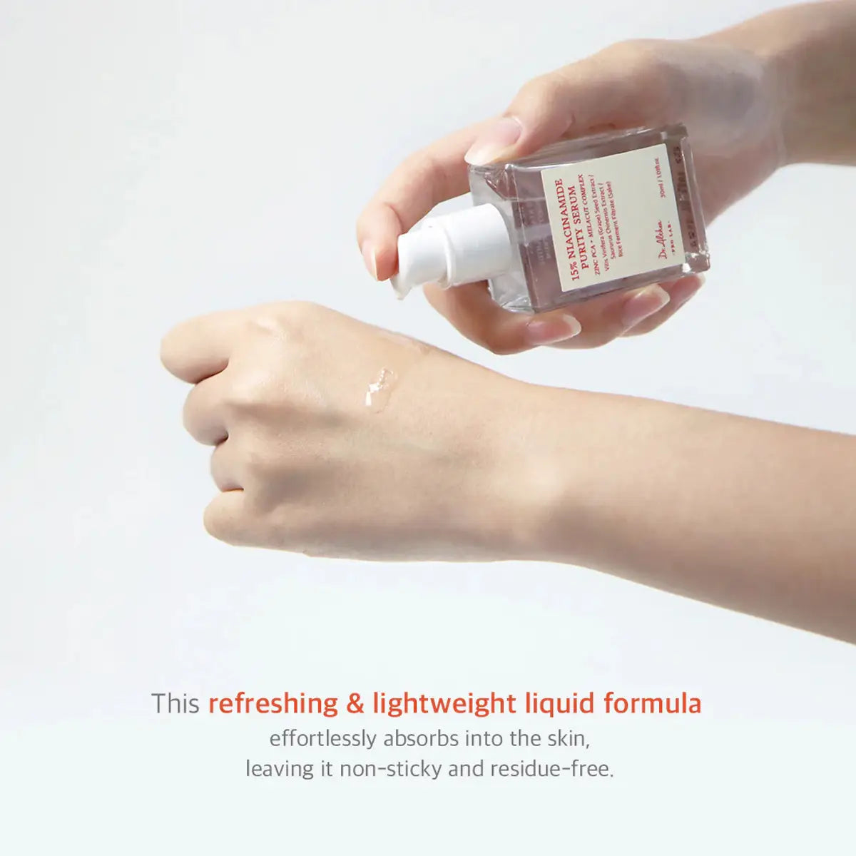Hand holding a skincare product with text about refreshing and lightweight liquid formula