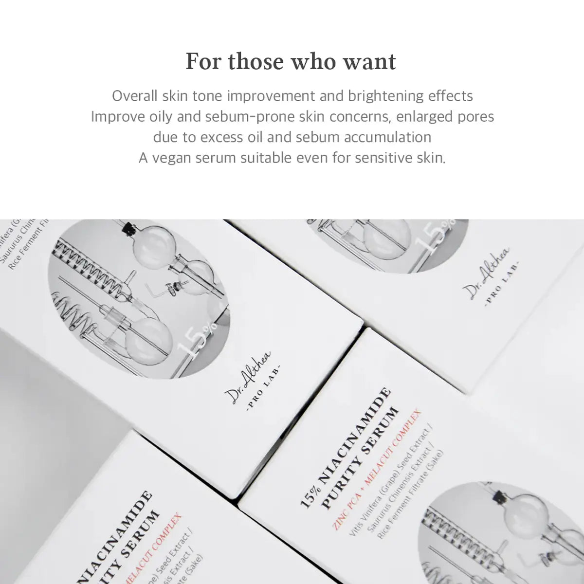 Dr. Althea niacinamide purity serum packaging with text about product benefits.