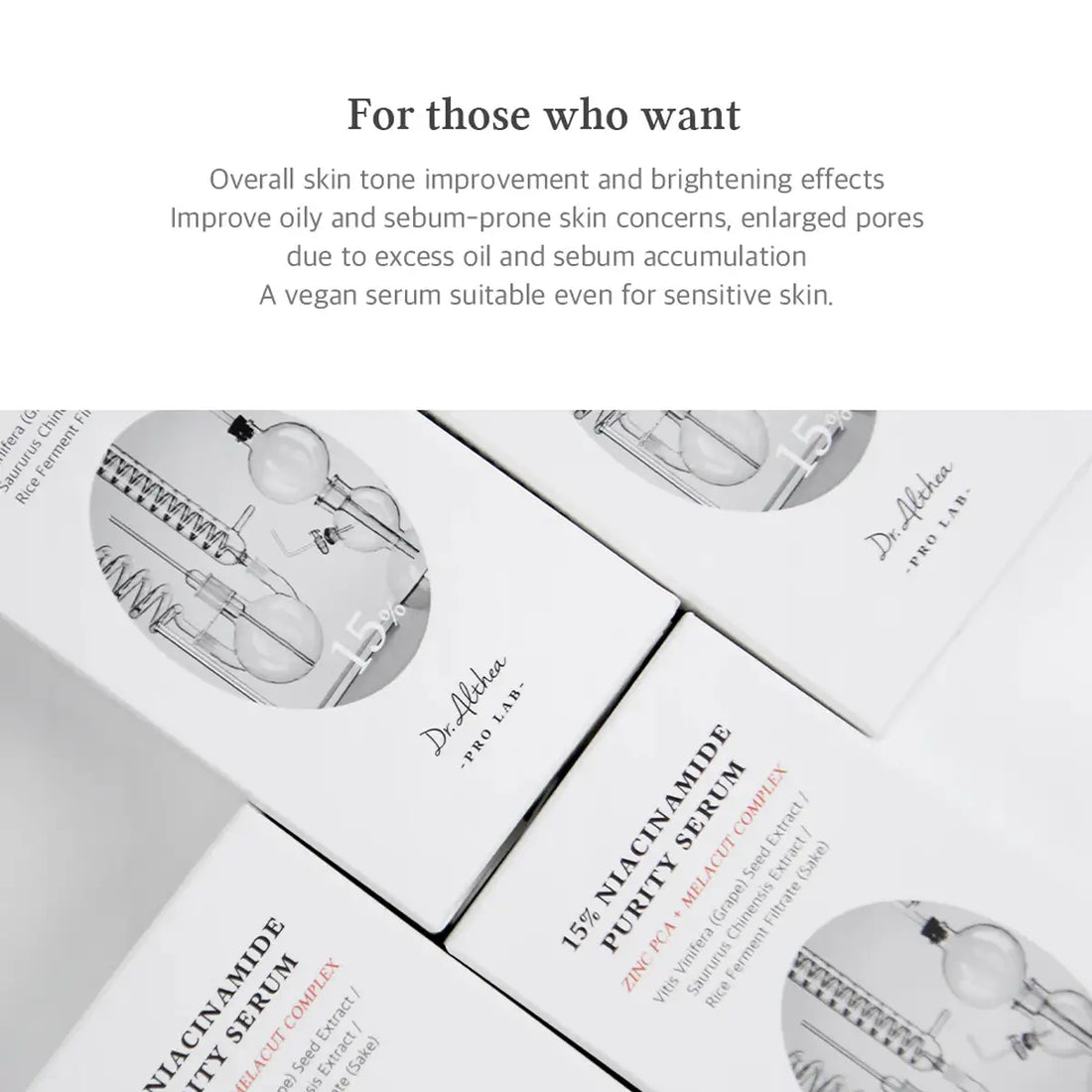 Dr. Althea niacinamide purity serum packaging with text about product benefits.