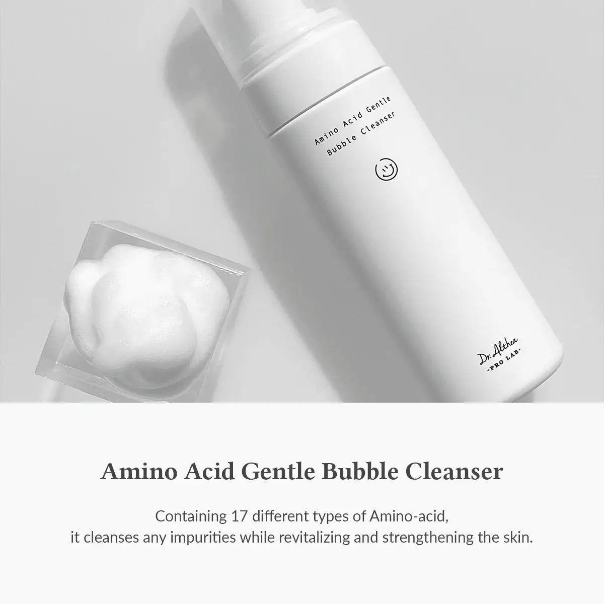 Amino Acid Gentle Bubble Cleanser with a white bottle and soap bar on a light gray background