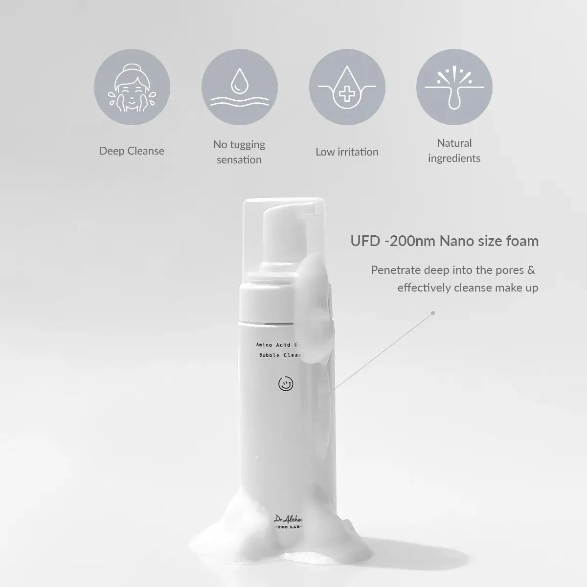 White foam bottle with text and icons on a light gray background