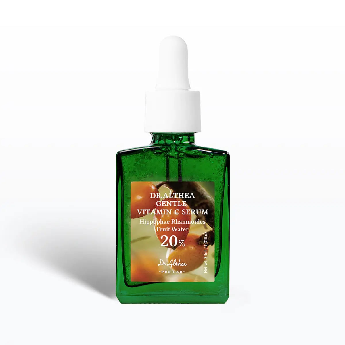 Green bottle of Dr. Althea Gentle Vitamin C Serum on a white background