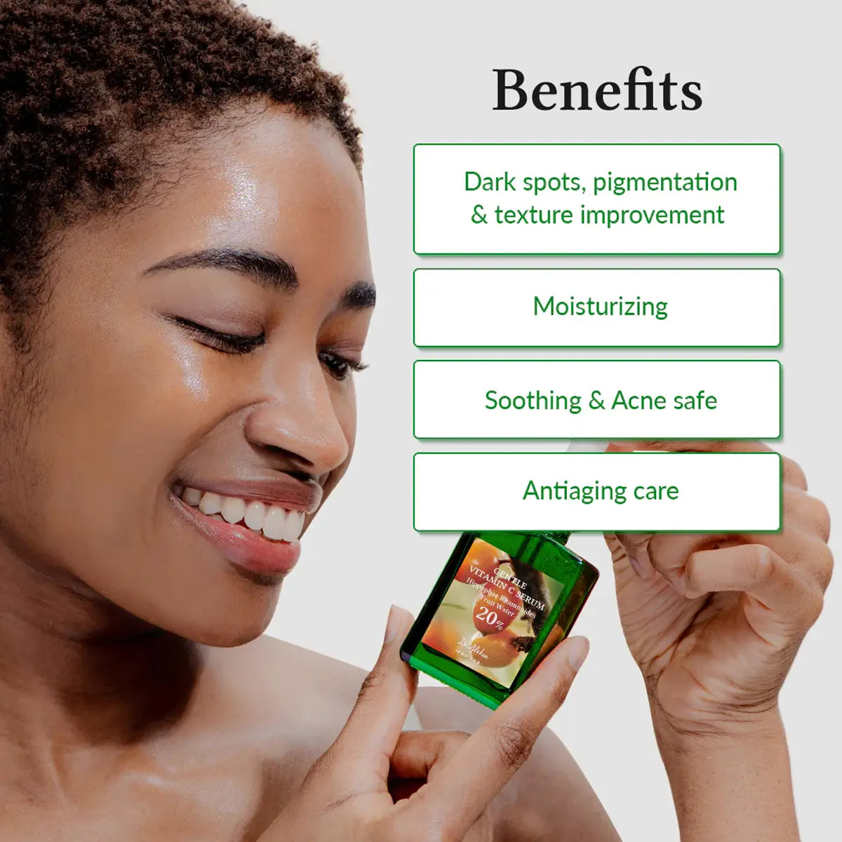 Woman holding a skincare product with text on benefits against a light gray background