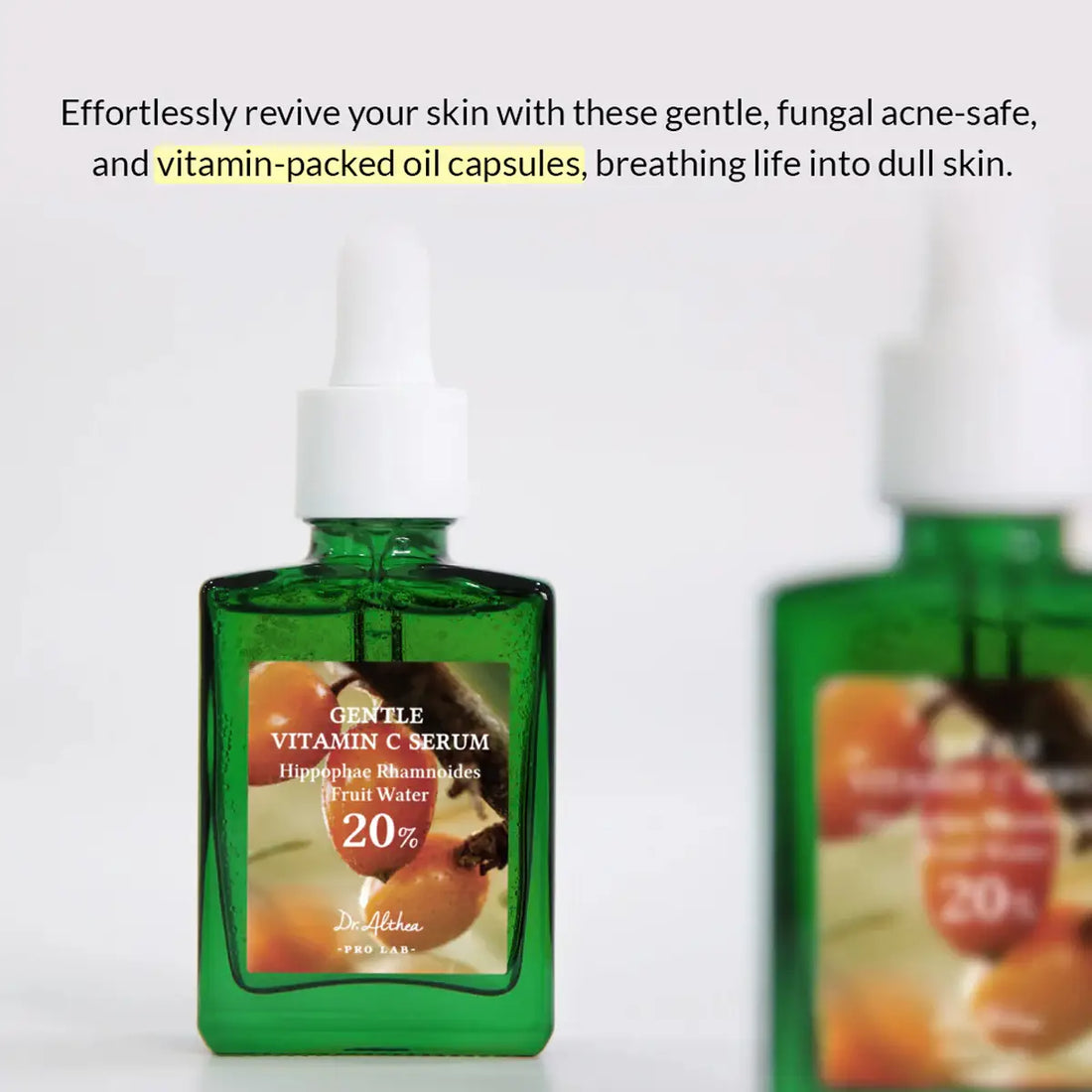 Green bottle of vitamin C serum with text on a white background