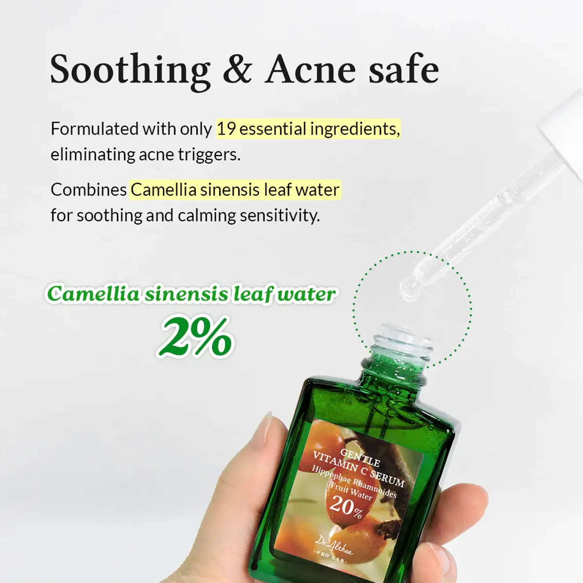 Hand holding a green bottle with Camellia sinensis leaf water, labeled as soothing and acne-safe.
