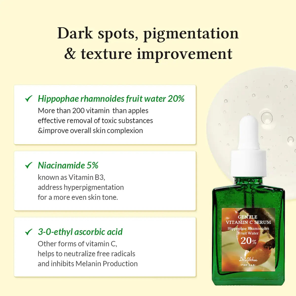 Green serum bottle with dropper on a beige background, featuring text about dark spot, pigmentation, and texture improvement.