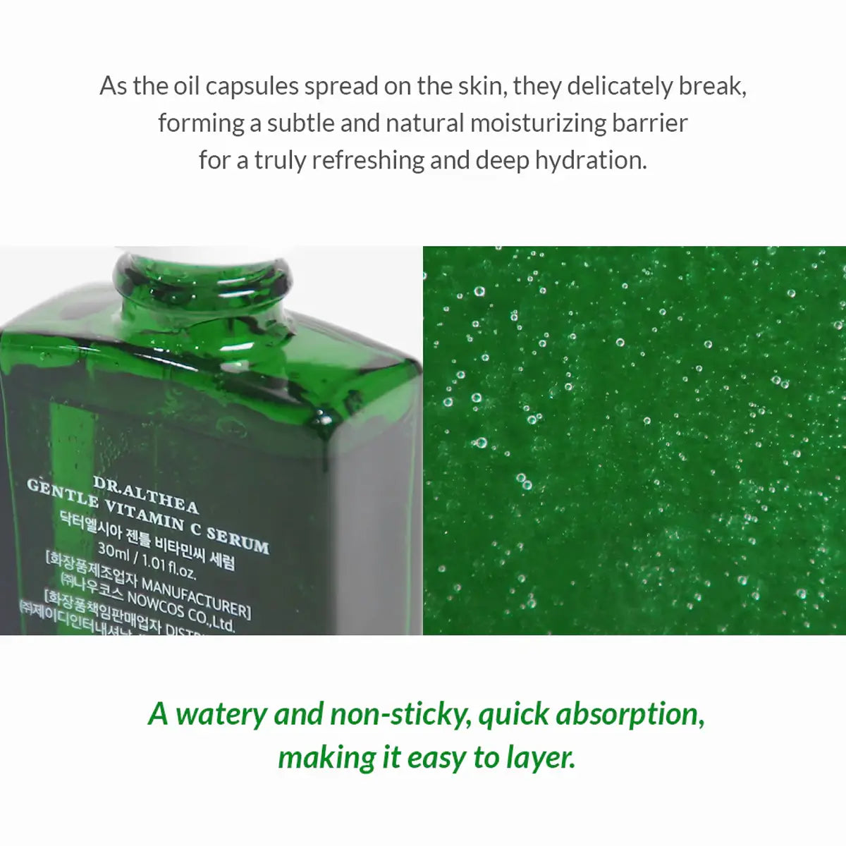 Green bottle with text about skincare product benefits on a white background