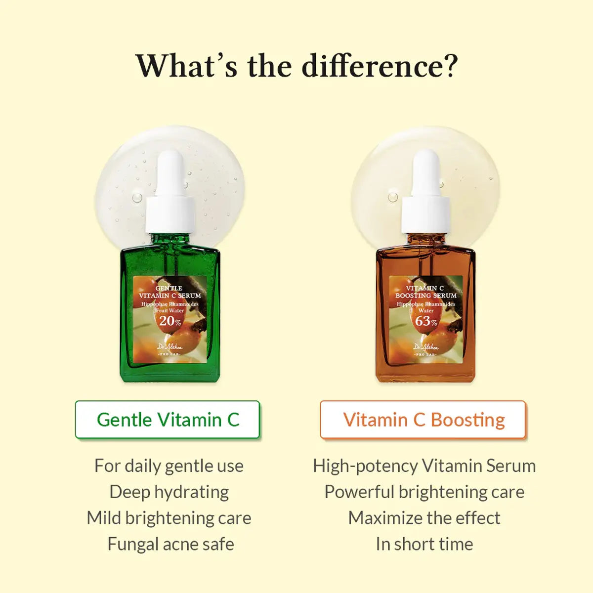 Two bottles of skincare serum with labels indicating 'Gentle Vitamin C' and 'Vitamin C Boosting' on a beige background.