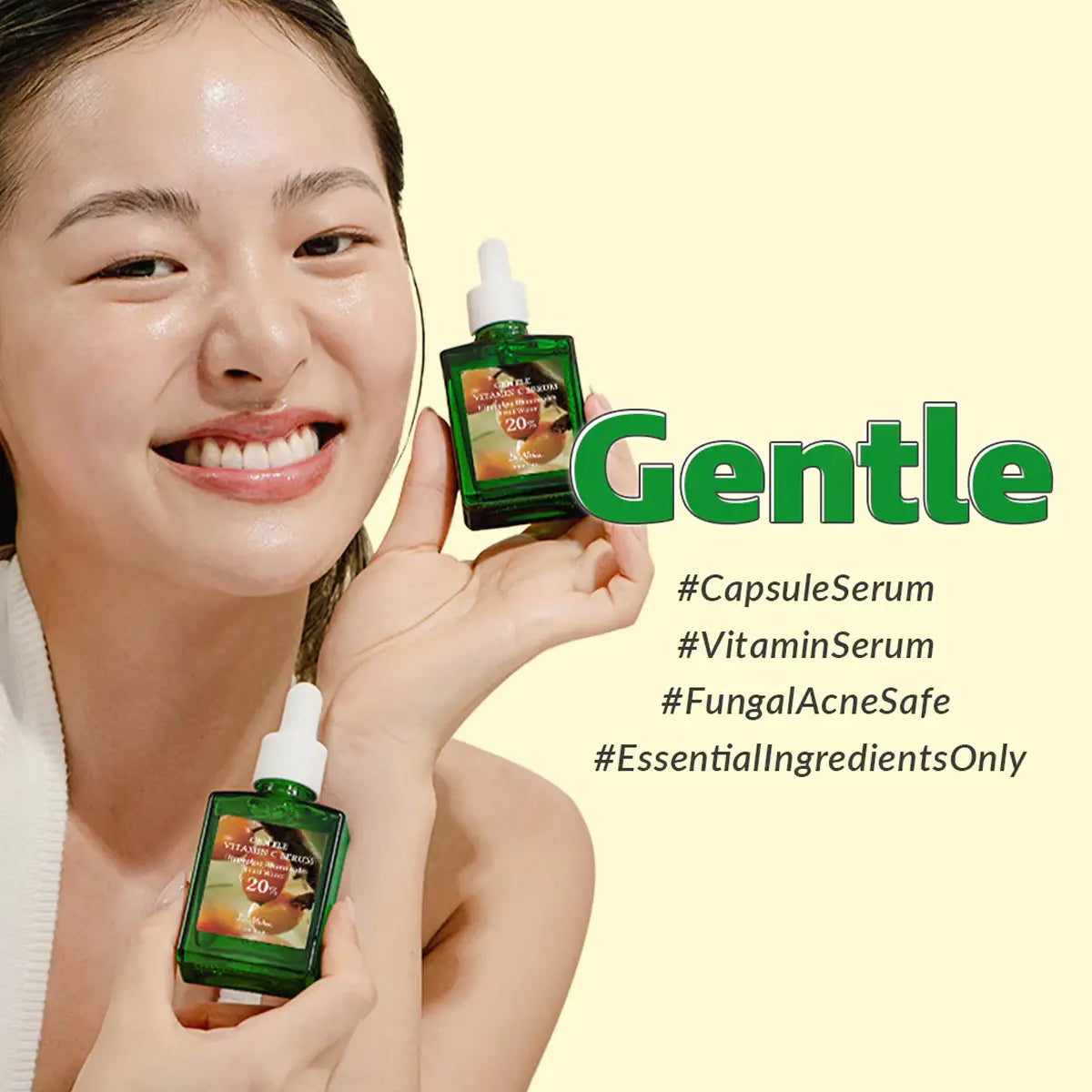 Woman holding skincare serum bottles with promotional text on a yellow background