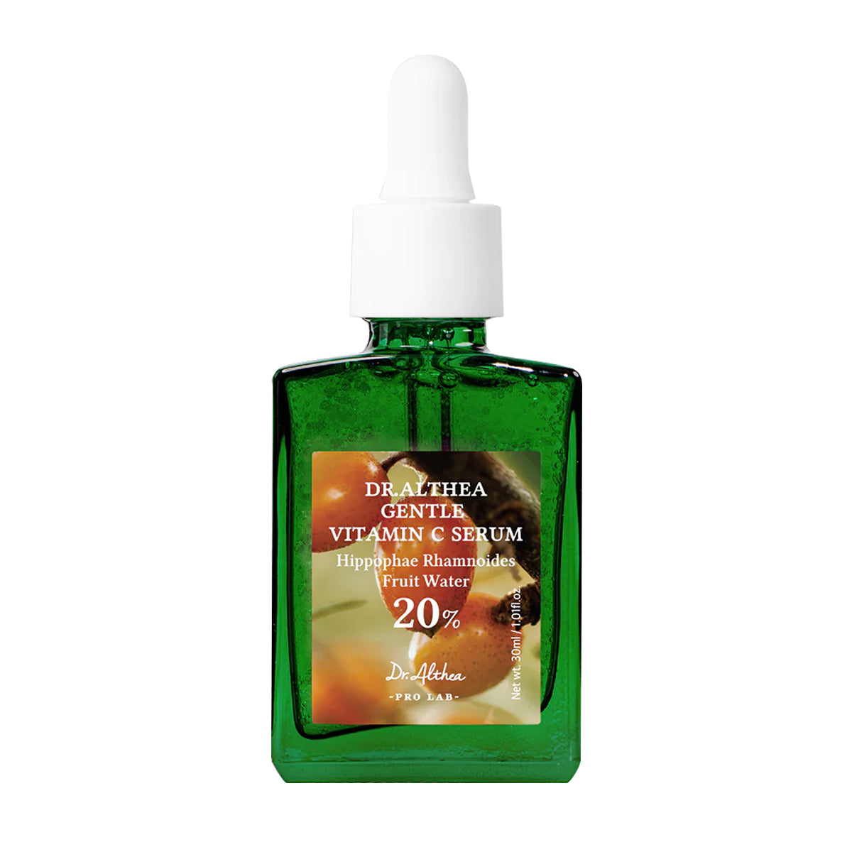 Green serum bottle with dropper labeled 'Dr. Althea Gentle Vitamin C Serum' on a white background