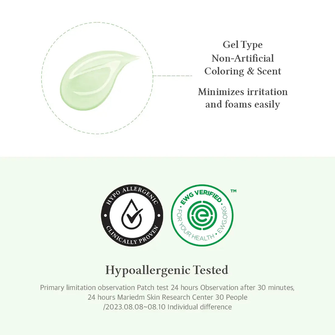 Product information card with gel type, non-artificial coloring & scent, and hypoallergenic testing details.