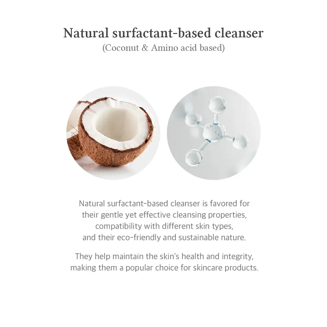 Advertisement for a natural surfactant-based cleanser with coconut and molecular structure illustration on a white background.