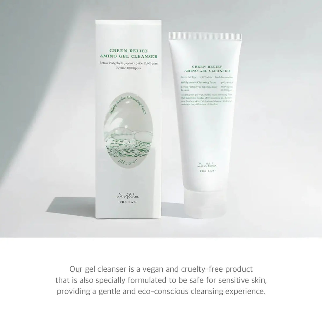 Green Relief Amino Gel Cleanser packaging on a gray background