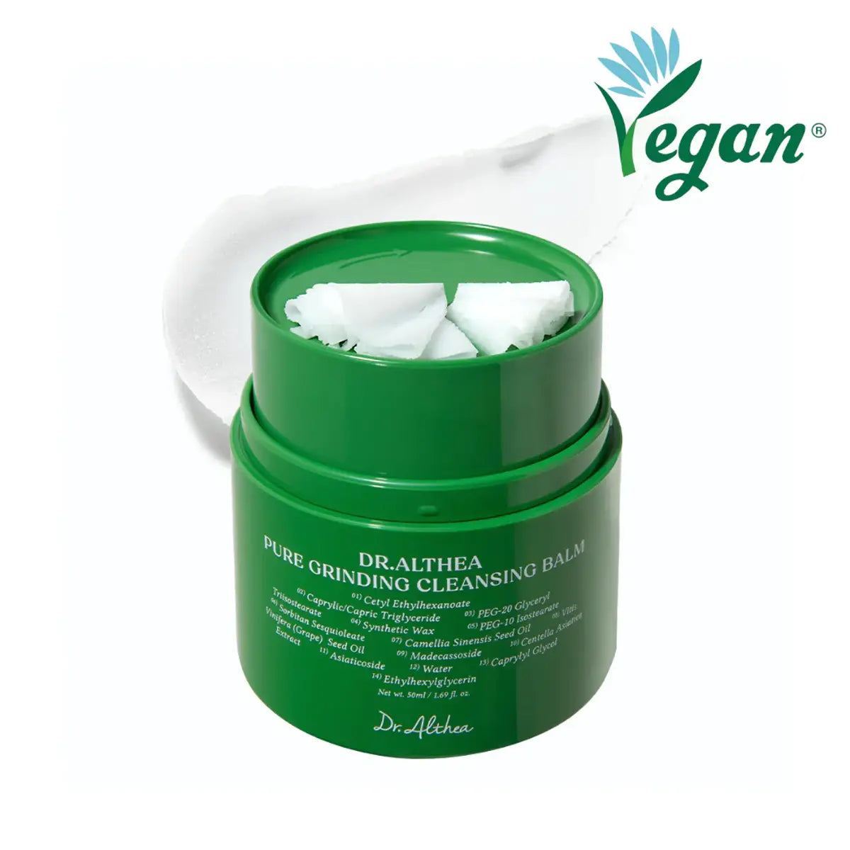 Green jar of Dr. Althea Pure Grinding Cleansing Balm with cotton pads on a white background, featuring a Vegan logo.
