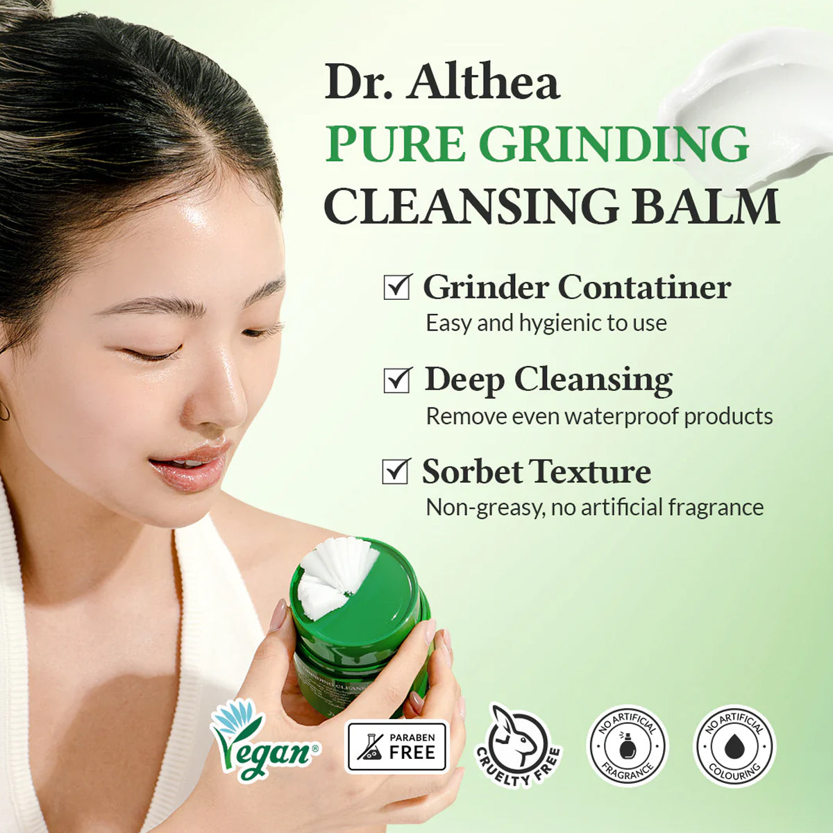 Dr. Althea Pure Grinding Cleansing Balm – Korean skincare cleansing balm for sensitive skin, melts makeup and nourishes with Centella and Green Tea. Feature