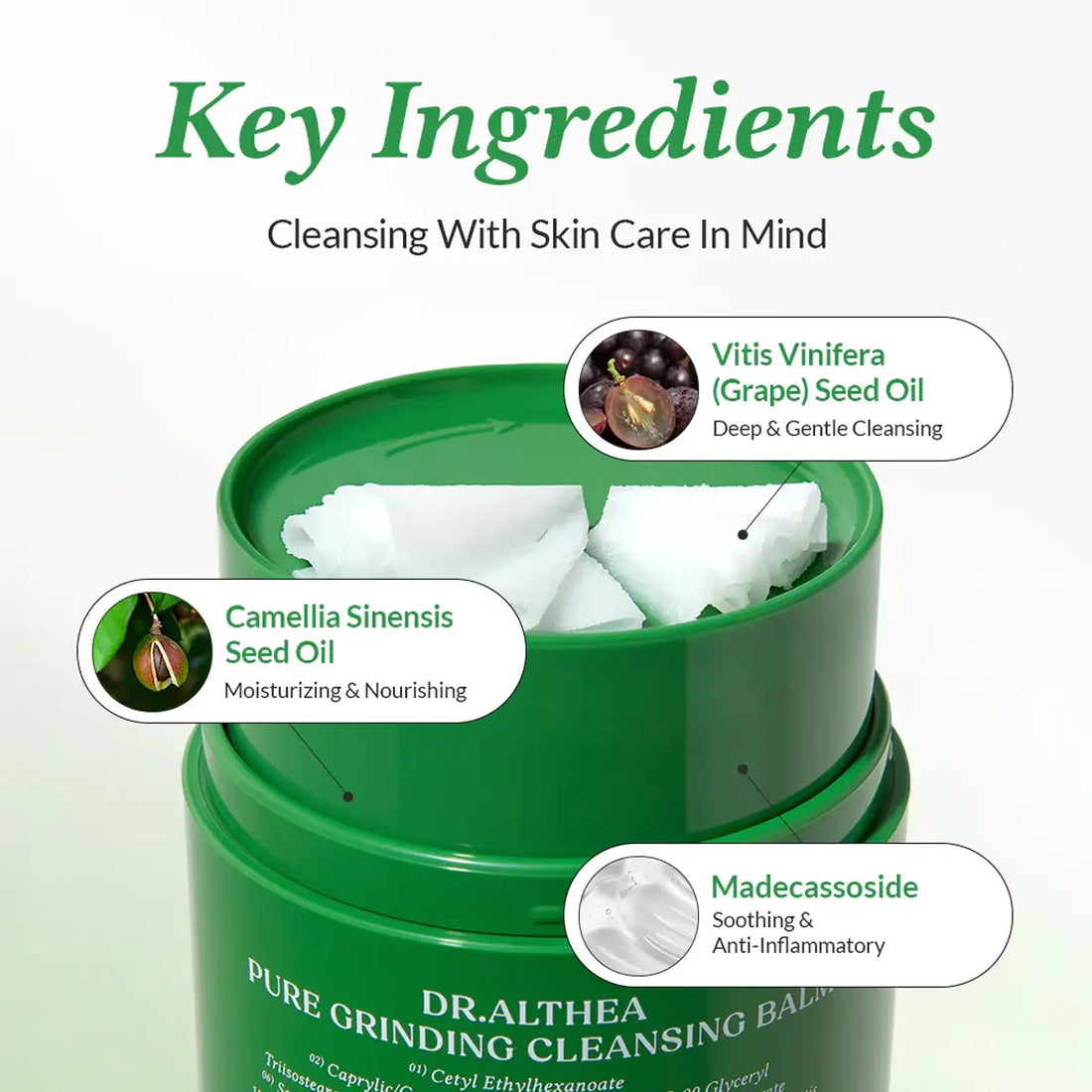 Green skincare product container with key ingredients highlighted on a white background