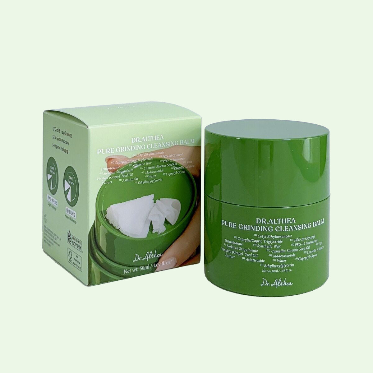Dr. Althea Pure Grinding Cleansing Balm – Korean skincare cleansing balm for sensitive skin, melts makeup and nourishes with Centella and Green Tea. Packaging