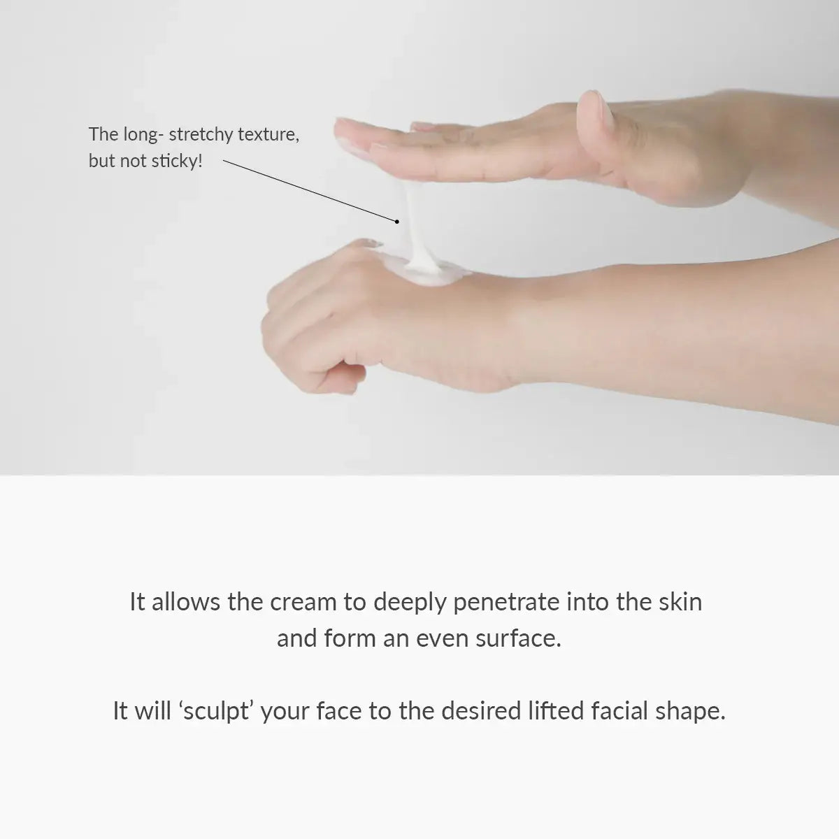 Hands applying cream with text describing its texture and effects on skin