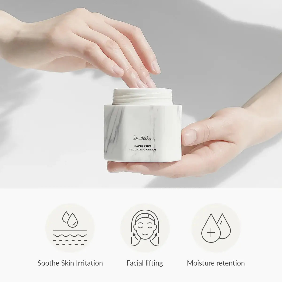 Person holding a skincare cream jar with icons indicating benefits on a light background