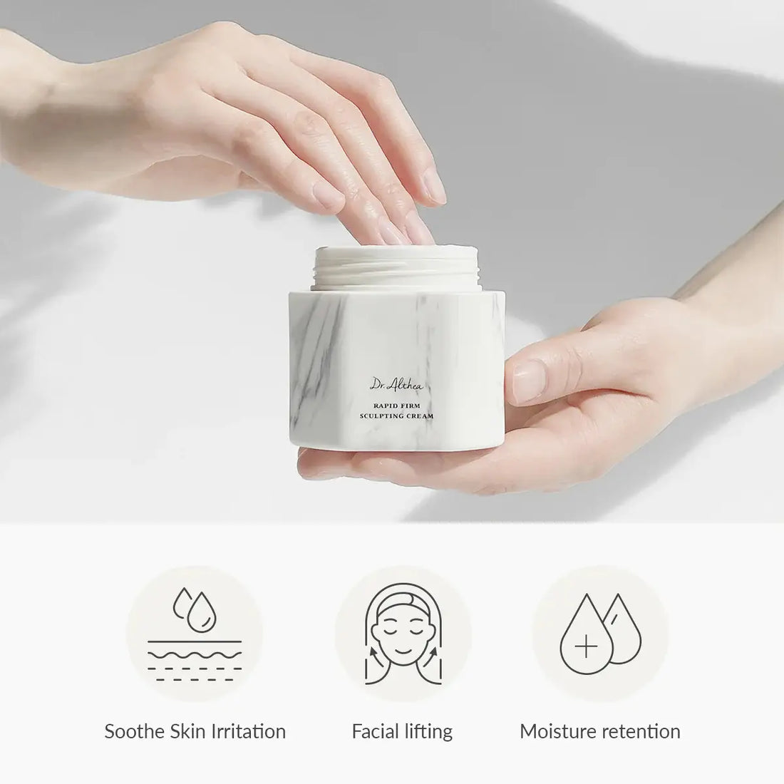 Person holding a skincare cream jar with icons indicating benefits on a light background