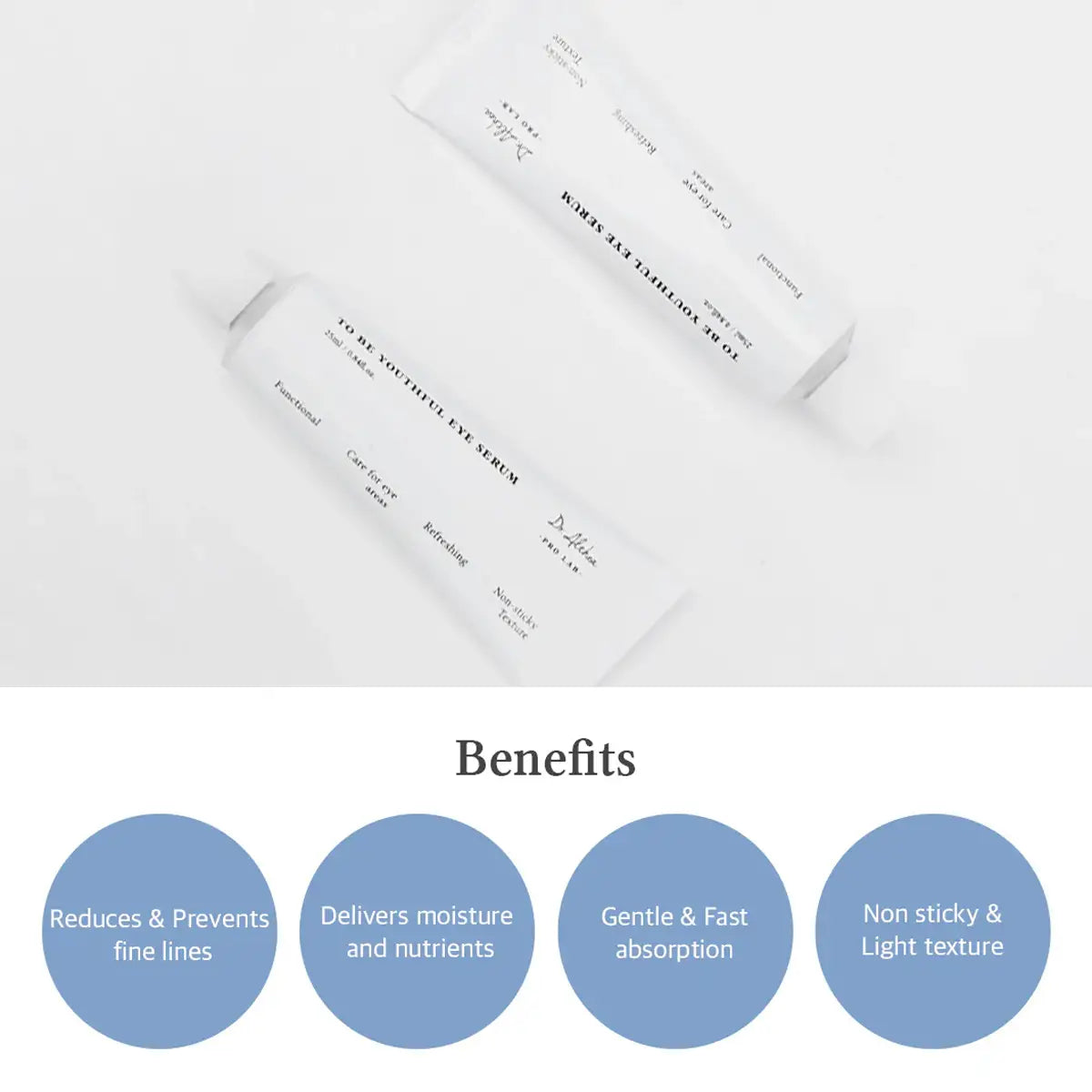 Eye serum packaging with benefits listed on a white background
