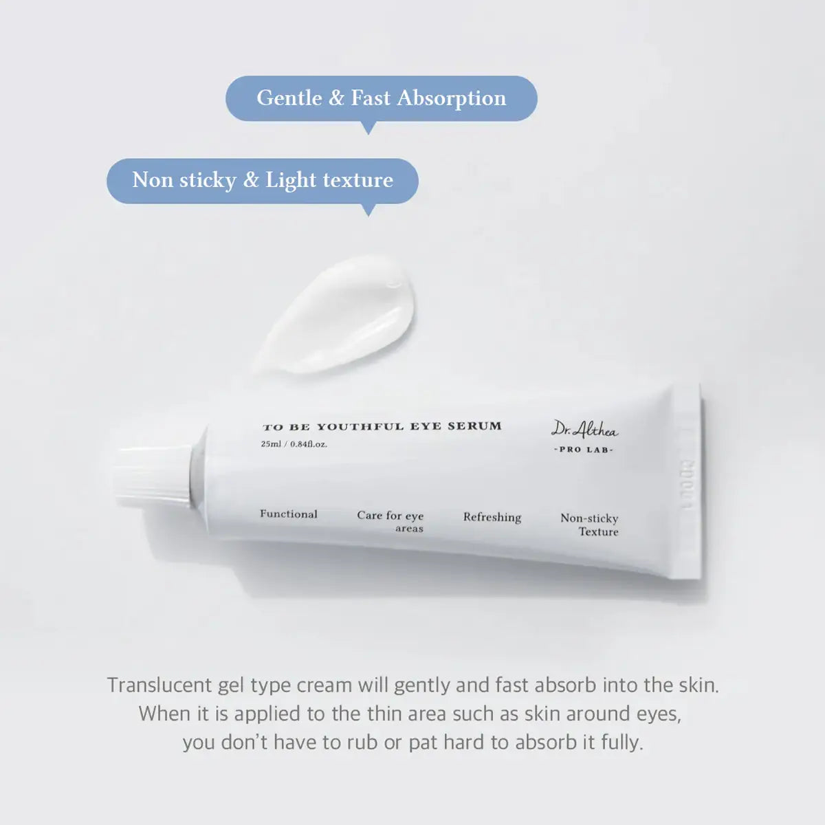 Tube of eye serum with text highlighting features on a light gray background