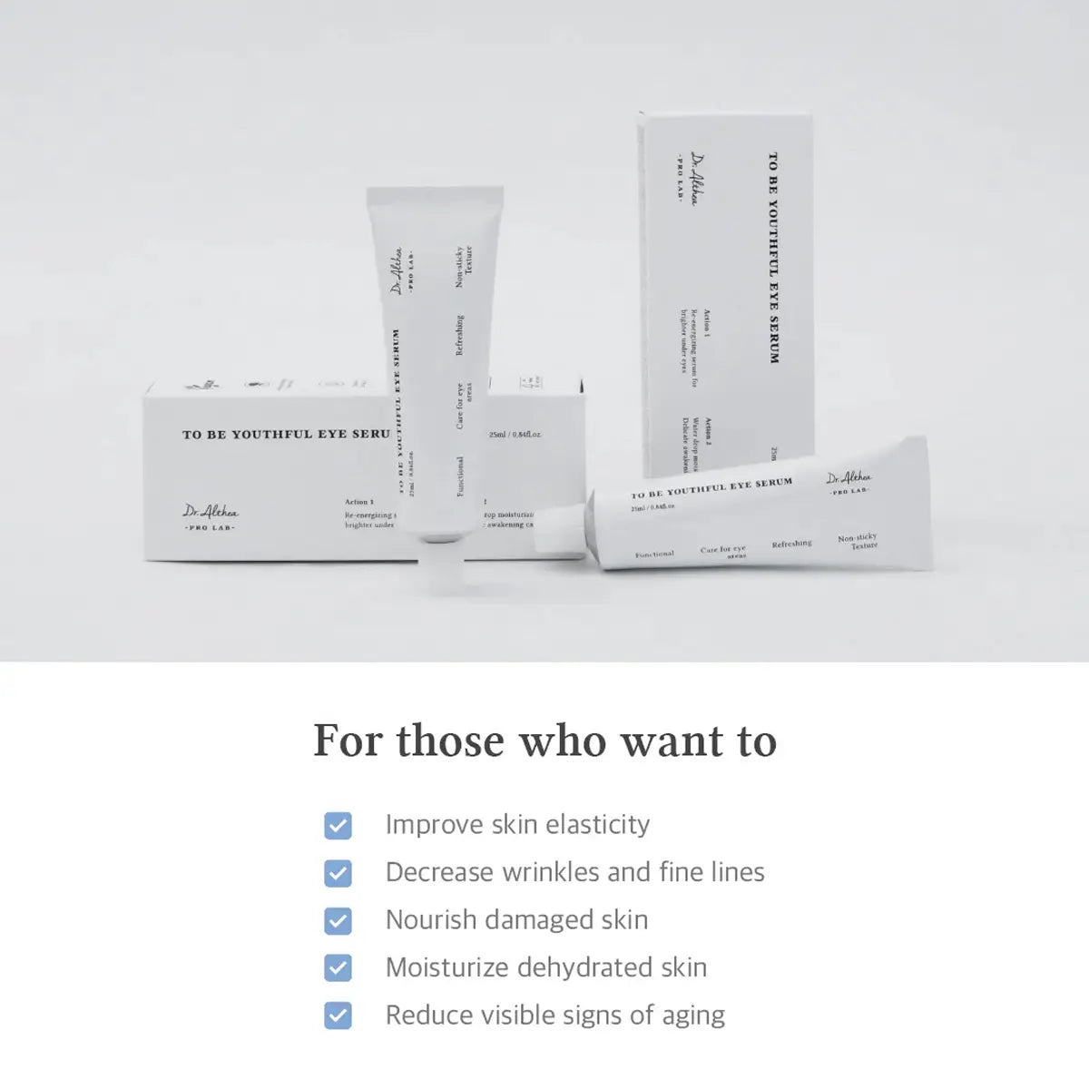 Skincare products with text on a white background
