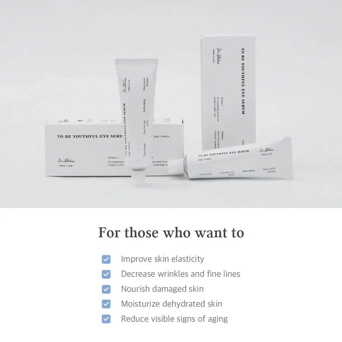 Skincare products with text on a white background