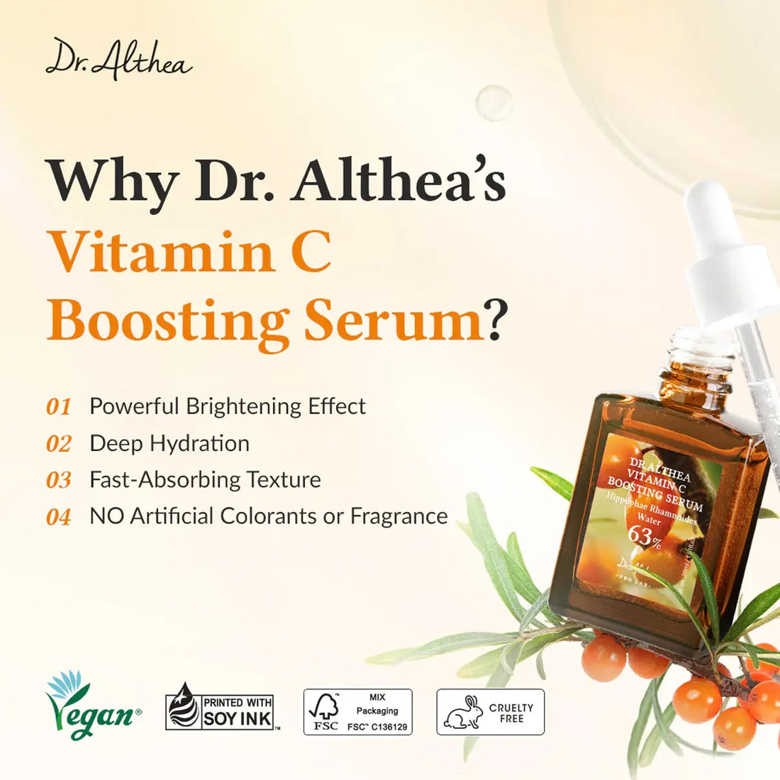 Why Dr. Althea's Vitamin C Boosting Serum offers powerful brightening, deep hydration, fast absorption, and no artificial colors or fragrance.