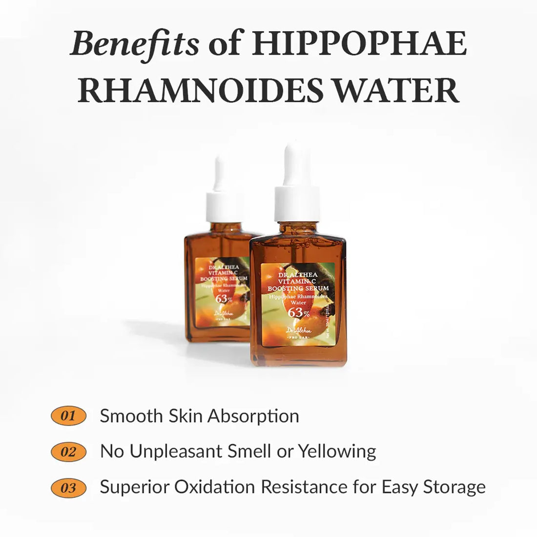 Two bottles of Hippophae Rhamnoides water with benefits listed on a white background.