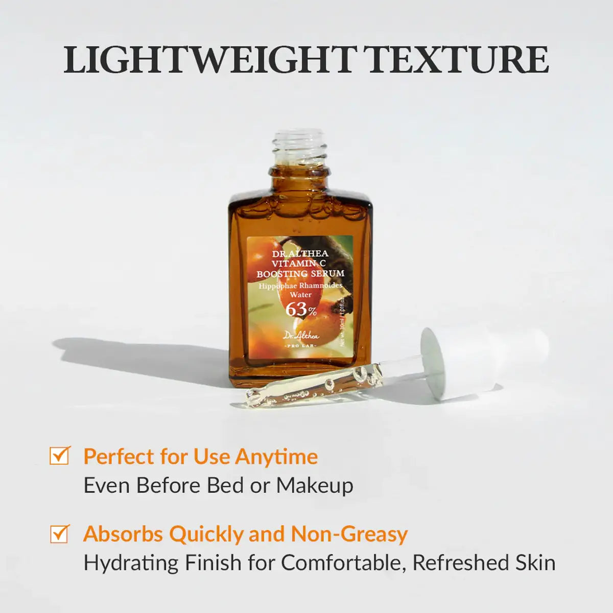Bottle of Dr. Althea Vitamin C with text highlighting its lightweight texture and benefits on a light gray background.
