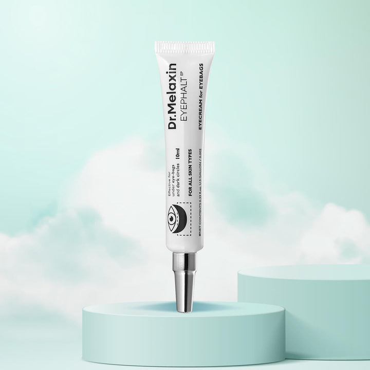 Dr. Melaxin eye cream tube on a light blue background