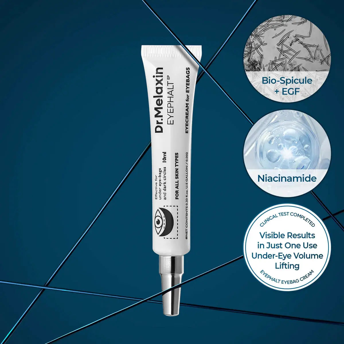 Dr. Mlaxin eye cream tube with ingredients displayed on a blue background
