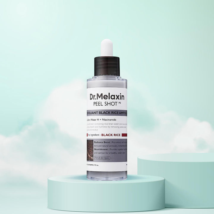 Dr. Melaxin Peel Shot Glow Black Rice Peeling Ampoule on a pastel background, designed for smoother and brighter skin.