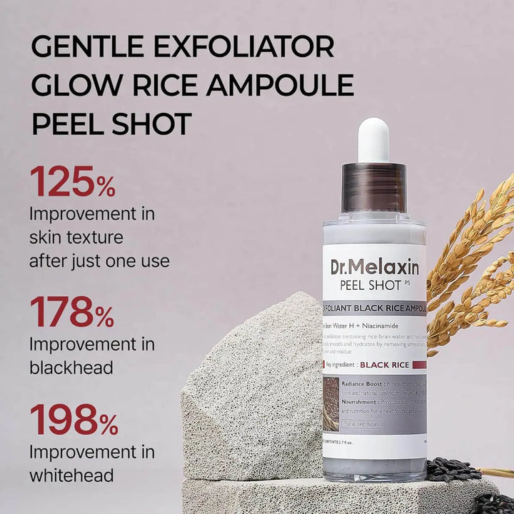 Dr. Melaxin Black Rice Ampoule bottle with text on a gray background