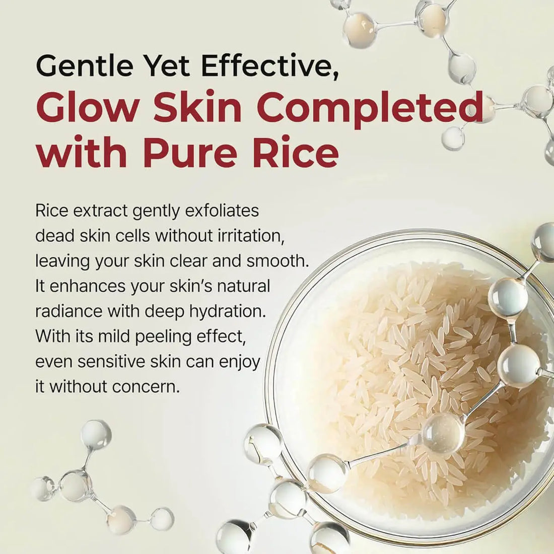 Advertisement for a skincare product with rice extract, showing text about its benefits.