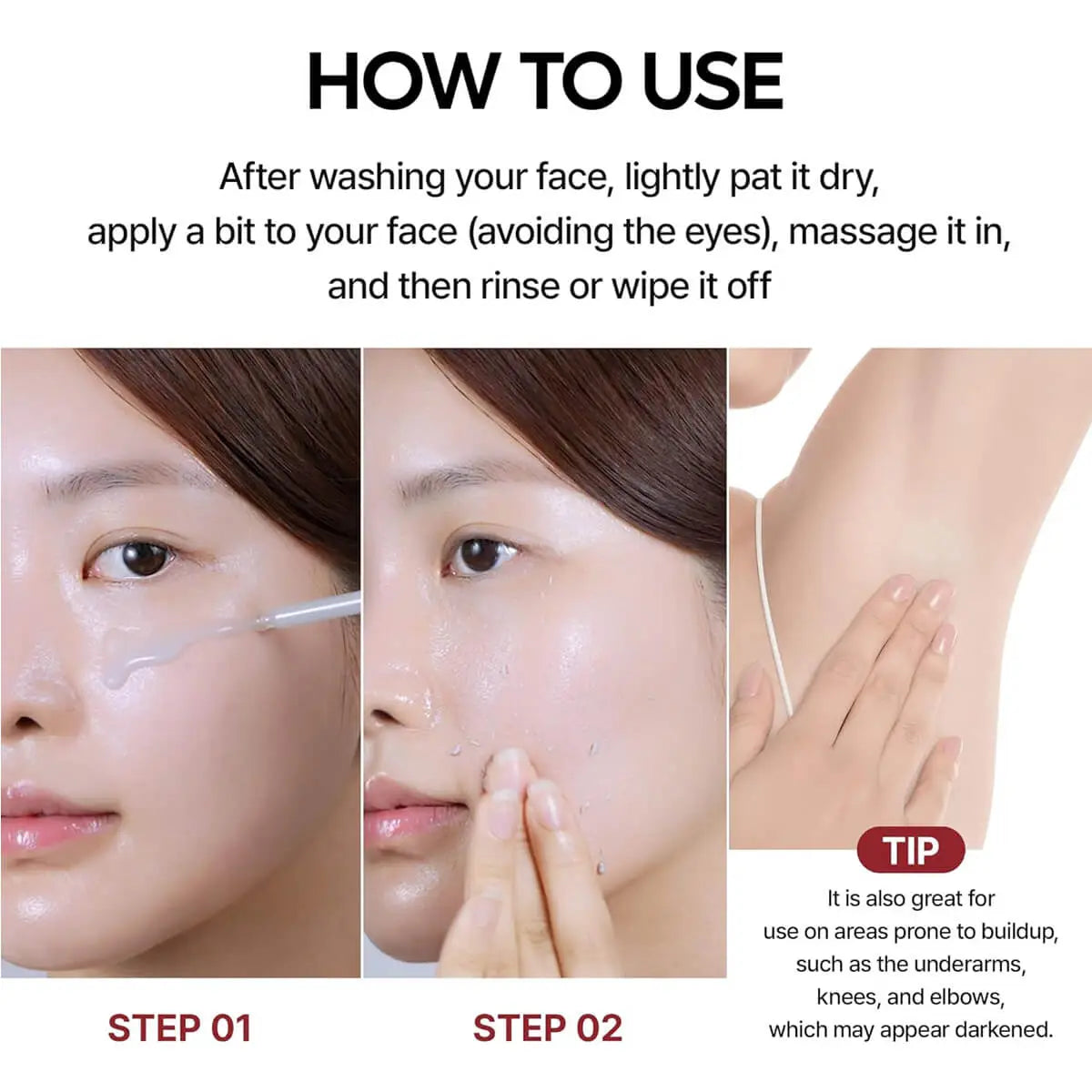 Instructions on how to use a skincare product with step-by-step images and text.