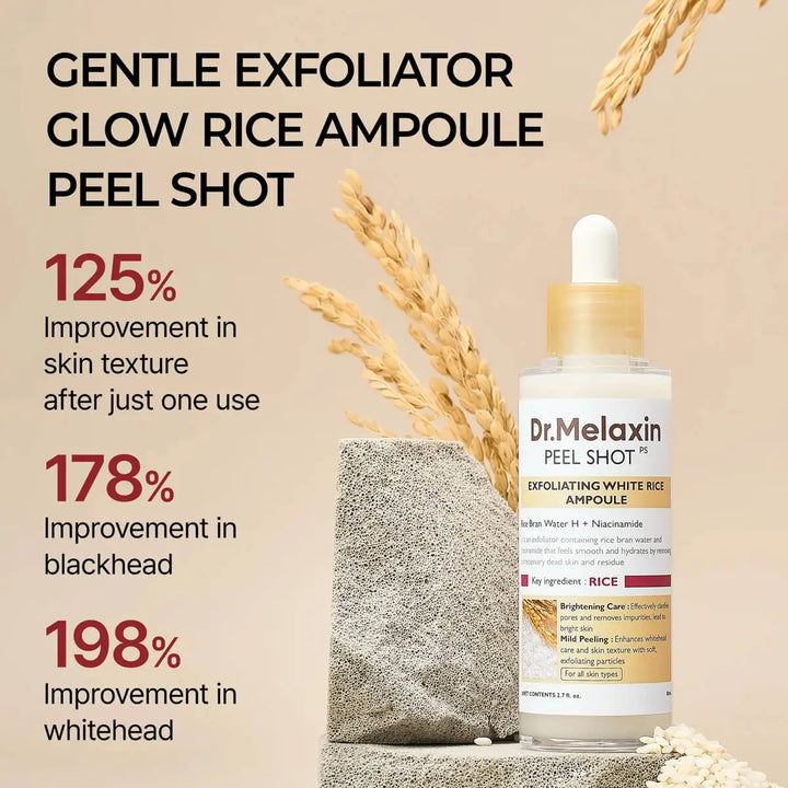 Dr. Melaxin peel shot ampoule with rice grains and text on a beige background