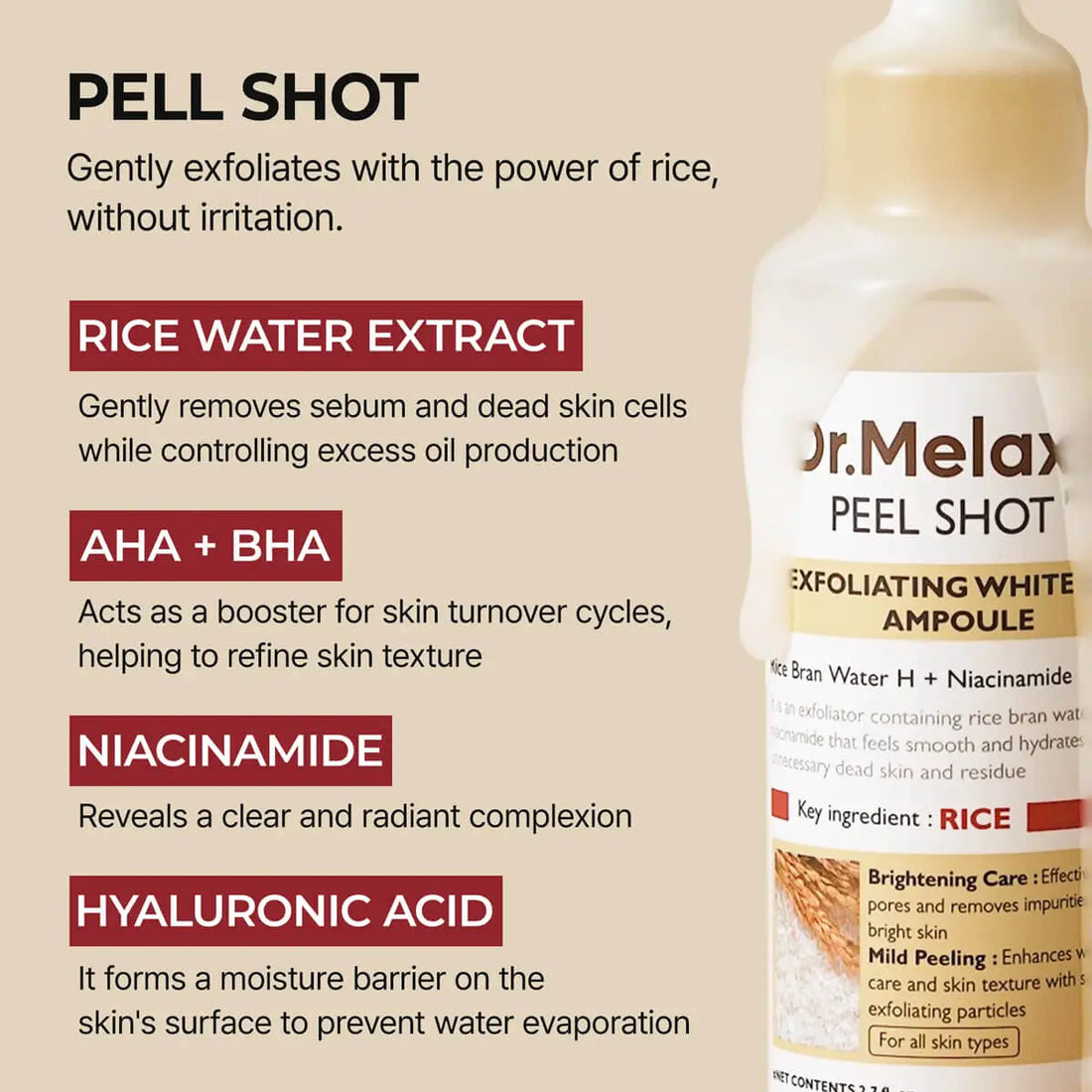 Dr. Melax Peel Shot product with text detailing its ingredients and benefits on a beige background