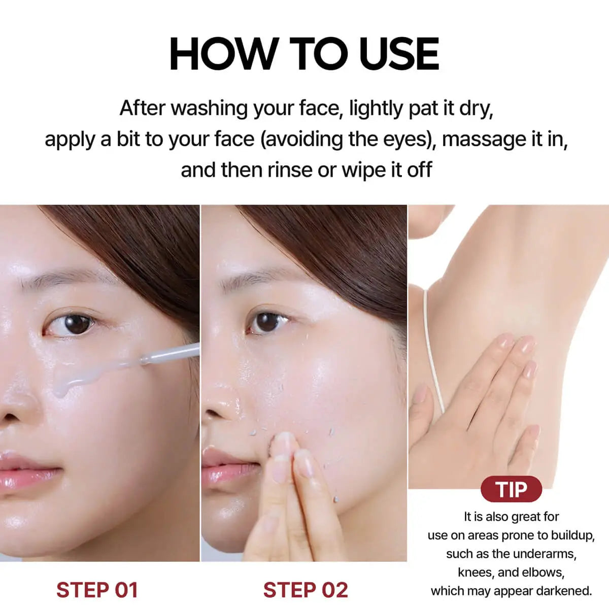 Instructions on how to use a skincare product with step-by-step application on a woman's face.