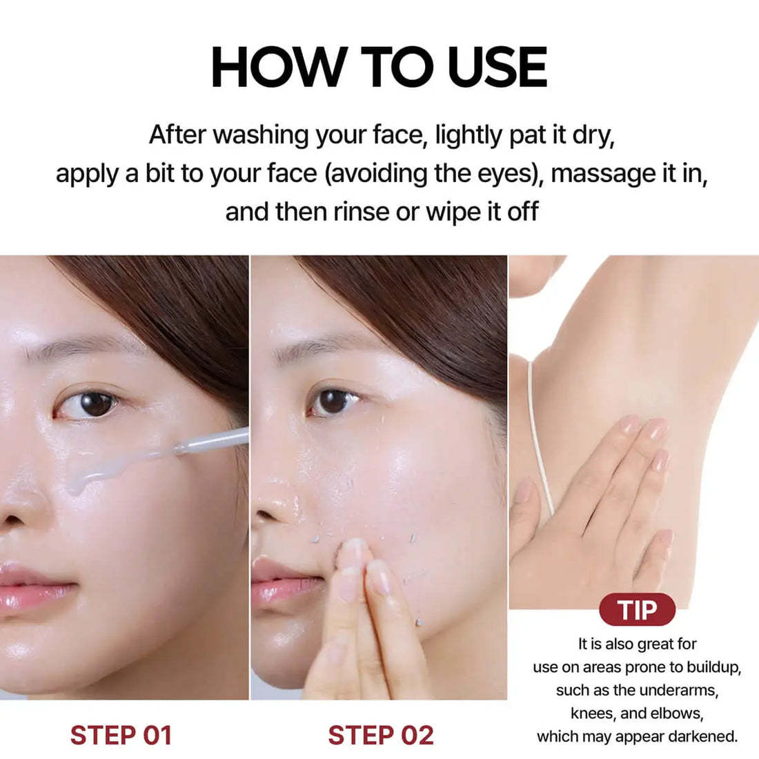 Instructions on how to use a skincare product with step-by-step application on a woman's face.