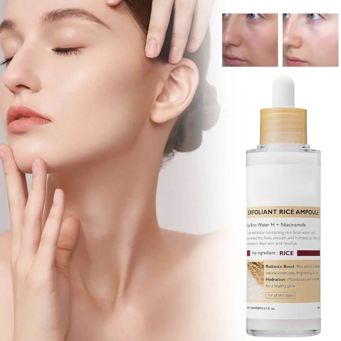 Woman touching her face with a bottle of Exfoliant Rice Ampoule in the foreground.