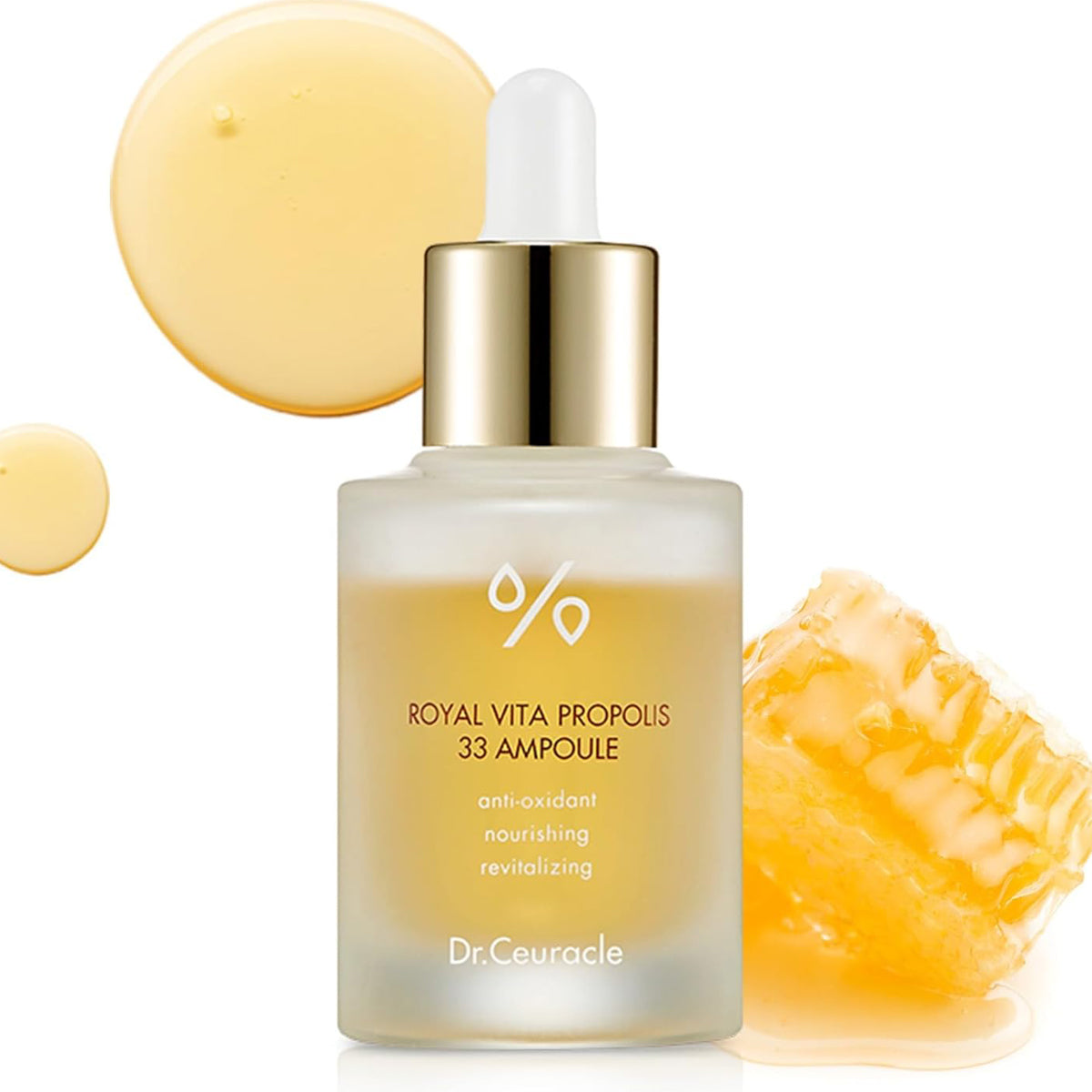 Dr. Ceuracle Royal Vita Propolis 33 Ampoule with honeycomb and honeydrop on a white background