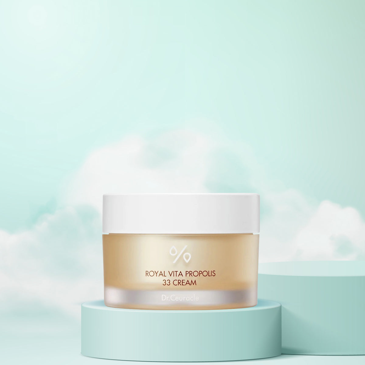 Cosmetic jar labeled 'Royal Vita Propolis 33 Cream' on a light blue background